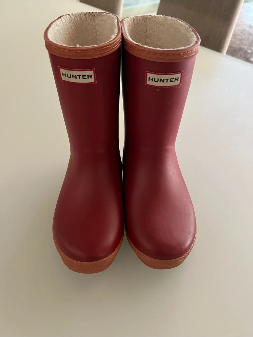 Hunter Burgundy Kids Rain Boots with Tan Trim